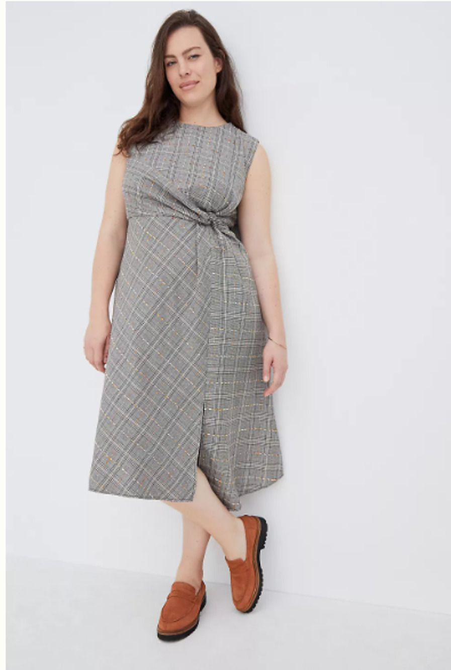 Anthropologie Maeve 18W Reese Plaid Maxi Dress Twist Knot Front Sleeveless Grey